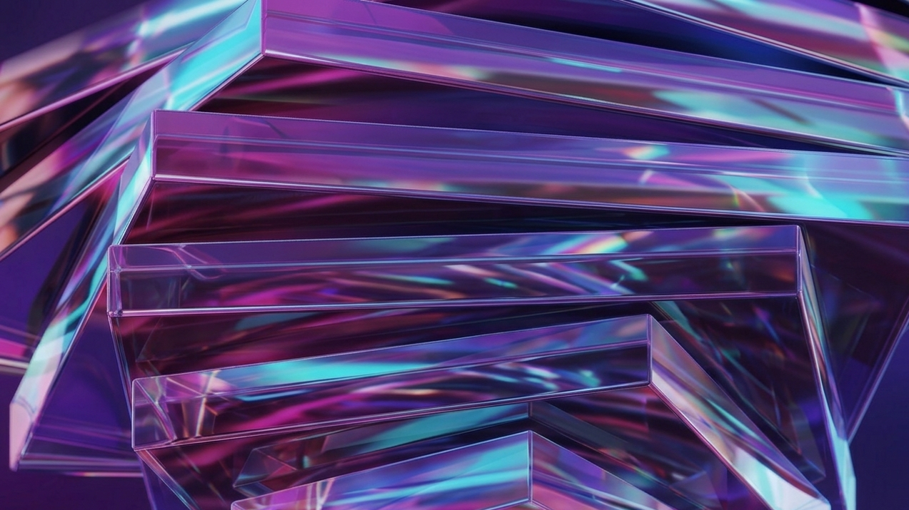 Abstract glass prisms refracting light in purple, cyan, and magenta